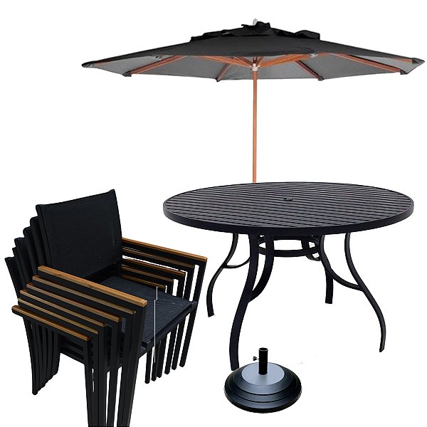 Jogo de Mesa Ripada com 6 Cadeiras para Jardim Área Externa + Guarda Sol