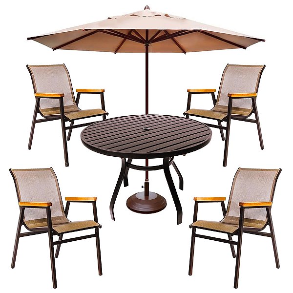 Jogo de Mesa 90cm Alumínio 4 Cadeiras Piscina Jardim + Guarda Sol