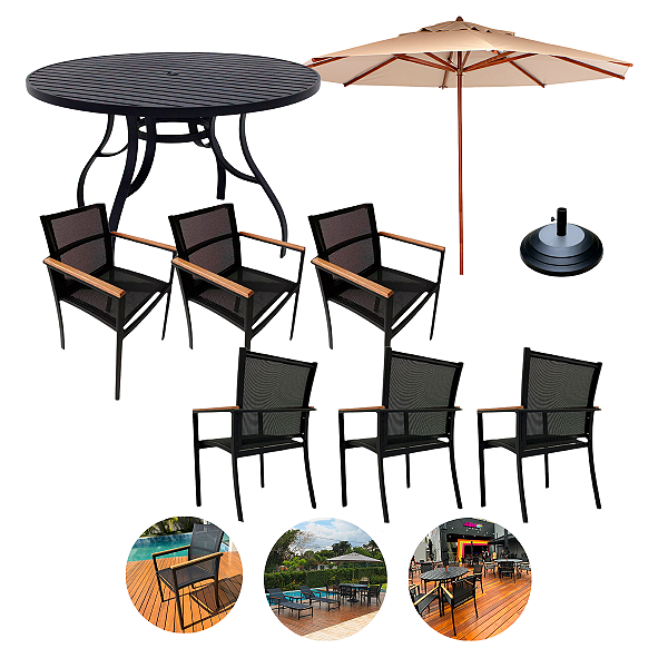 Jogo de Mesa 1,40m Ripada 6 Cadeiras Piscina Jardim + Guarda Sol