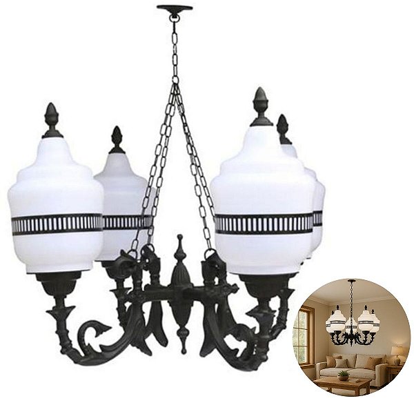 Lustre Colonial Teto Versailes com Corrente Alumínio 04 Globos