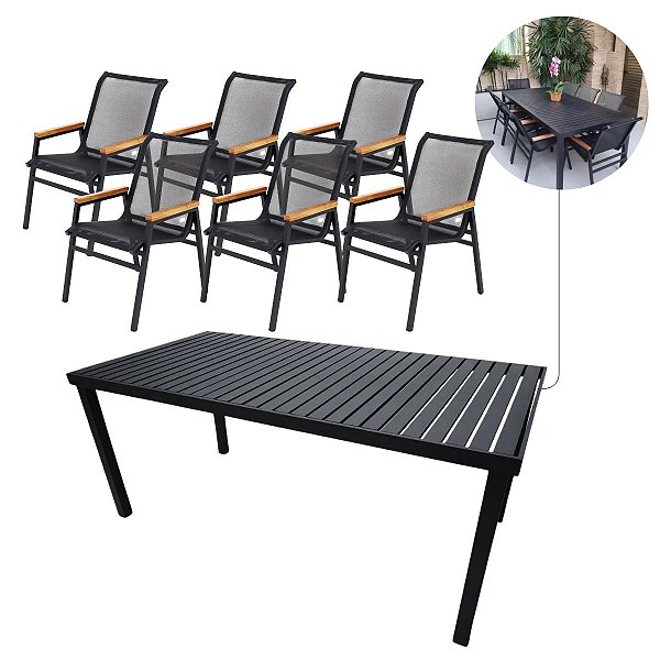 Jogo de Mesa Jantar Retangular 1,80x90cm Aluminio + 6 Cadeiras Área Externa
