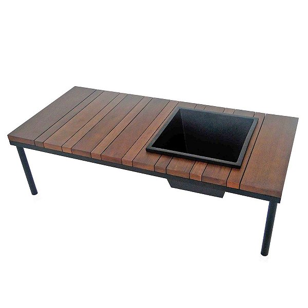 Mesa de Centro  Tampo  Madeira Alumínio Com Champanheira Embutida