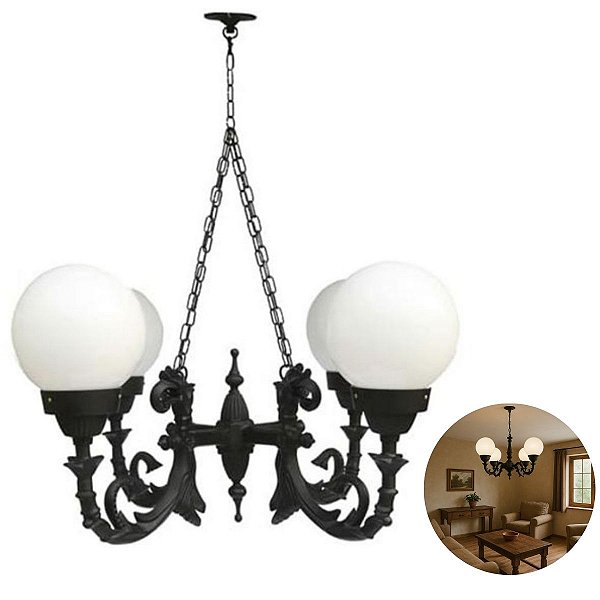 Lustre Teto Colonial Alumínio Paris com 04 Globos