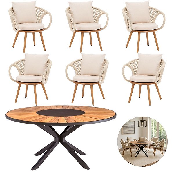 Mesa Zurick 1,50 6 Poltronas Alumínio Corda Náutica Pés de Madeira