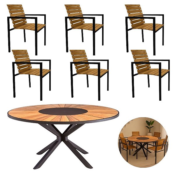 Mesa Zurick 1,50m 6 Poltronas Cadeiras Cozinha Alumínio Madeira