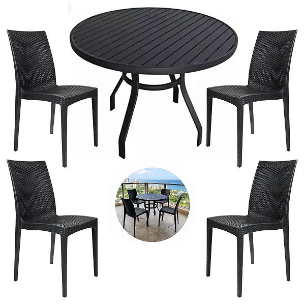 Mesa de Alumínio 90cm Tampo Ripado 4 Cadeiras Rattan Polipropileno Para Varanda