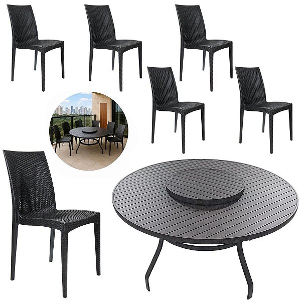 Mesa de Alumínio 1,40m Centro Giratório 6 Cadeiras Rattan Polipropileno