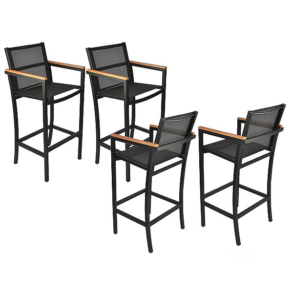 Kit 4 Banquetas Amélia Alumínio Tela Sling Com Braço Madeira – Bancada, Cozinha, Área Gourmet ou Externa