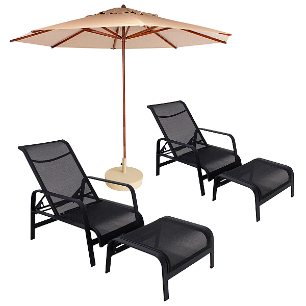 Kit 2 Mini Espreguiçadeira Piscina Aluminio Sevilha Com Puff  + Guarda Sol Praia