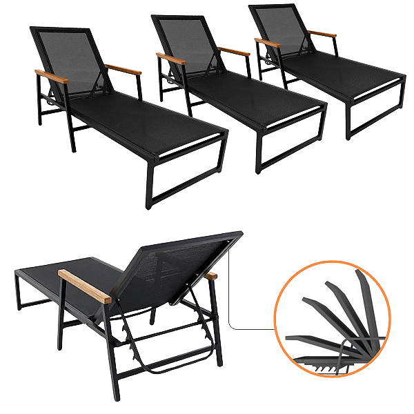 Kit 4 Cadeira Espreguiçadeira Piscina Jardim Amélia Aluminio Tela Sling Reclinável
