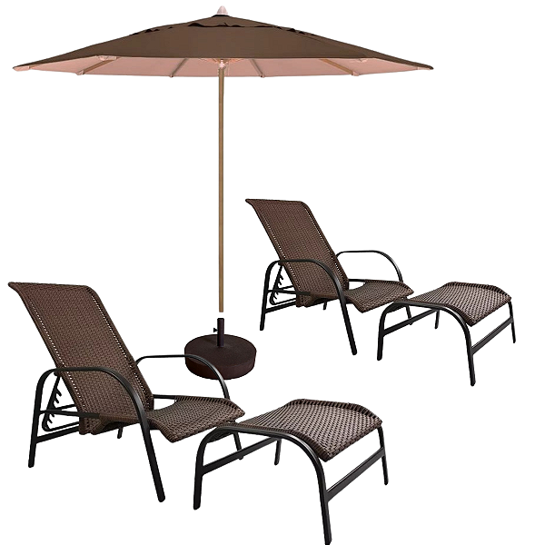 Kit 2 Cadeira Espreguiçadeira Ascoli Com Puff Fibra Aluminio E Guarda Sol Piscina