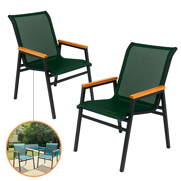 Kit 2 Cadeira Praia Poltrona Jantar Tela Sling Alumínio Com Braço Madeira