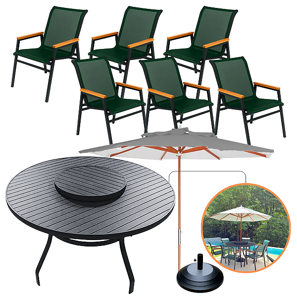 Jogo de Mesa Giratória 6 Cadeiras Praia Piscina Área Externa Com Guarda Sol