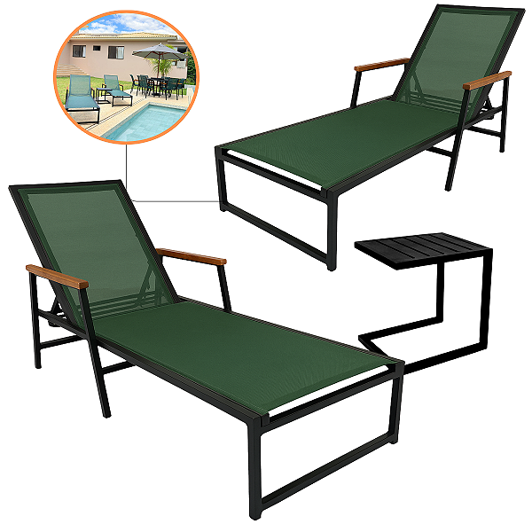 Kit 2 Espreguiçadeiras Piscina Amélia Tela Sling Braços de Madeira + Mesa Lateral