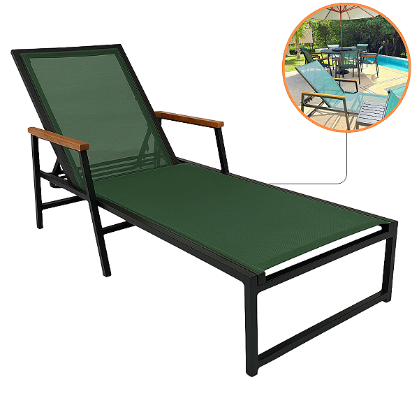 Espreguiçadeira Piscina Amélia Reforçada 200kg Tela Sling Braços Madeira Alumínio