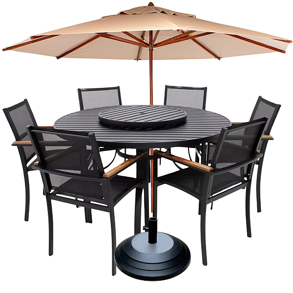 Jogo de Piscina para Área Externa 6 Cadeiras Tela Sling Amélia Mesa 1,40m e Ombrelone