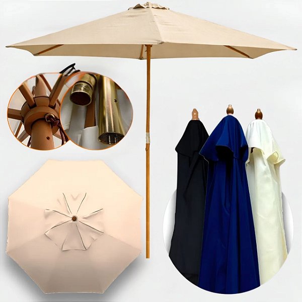 Guarda-Sol de Madeira 3 Metros Bipartido Solar Pro para Piscina e Jardim