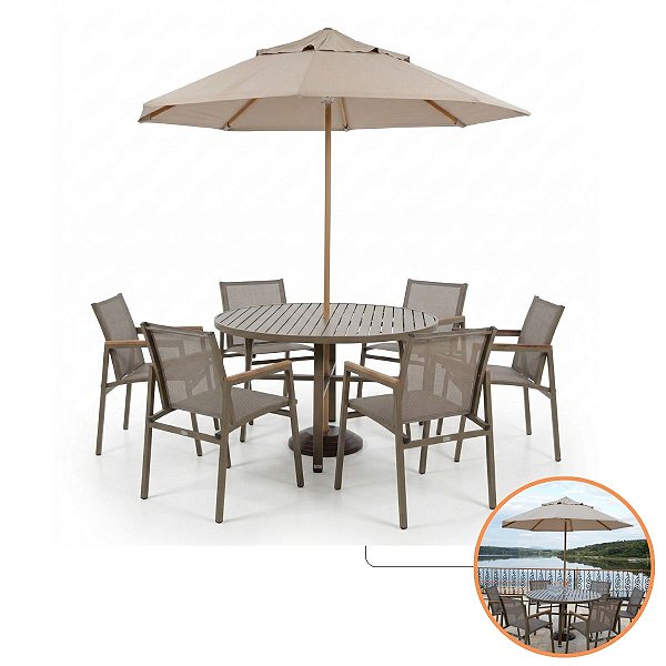 Jogo Verona Premium Mesa Redonda Ripada Aluminio 6 Cadeiras Com Ombrelone