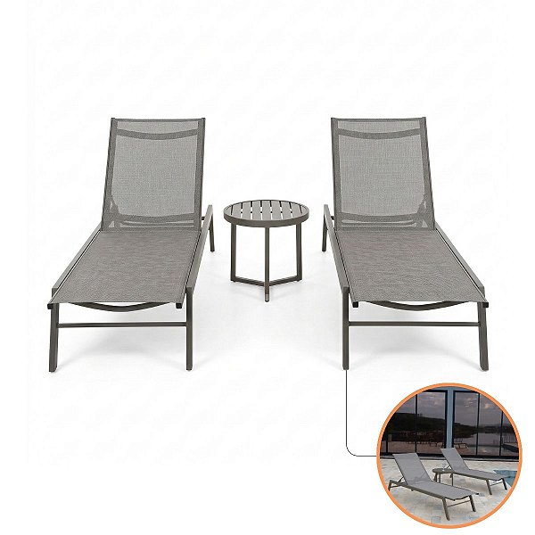 Par Espreguiçadeiras Alumínio Tela Sling e Mesa Auxiliar Verona Premium