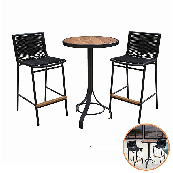 Conjunto Mesa Alta Bistrô Madeira e Banquetas Donna Corda Náutica