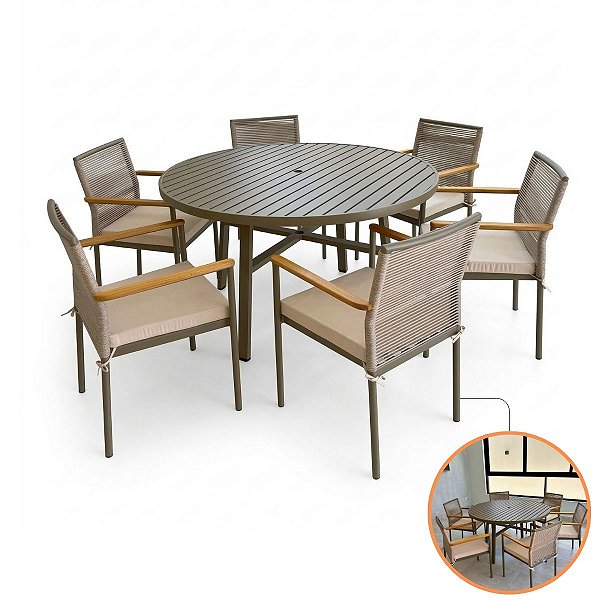 Jogo Mesa 6 Cadeiras Corda Náutica Para Varanda E Piscina