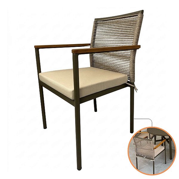 Poltrona Capri Alumínio Corda Náutica Braço Madeira Almofada Impermeável