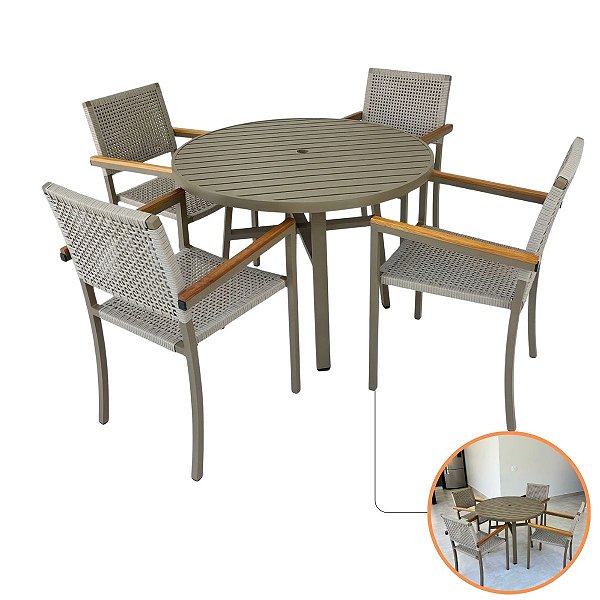 Jogo De Mesa Alumínio 4 Poltronas Fibra Sintética Braço Madeira Área Externa