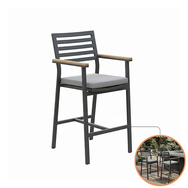 Banqueta Alta Linea Alumínio Ripado Braço Madeira E Almofada Impermeável Gourmet