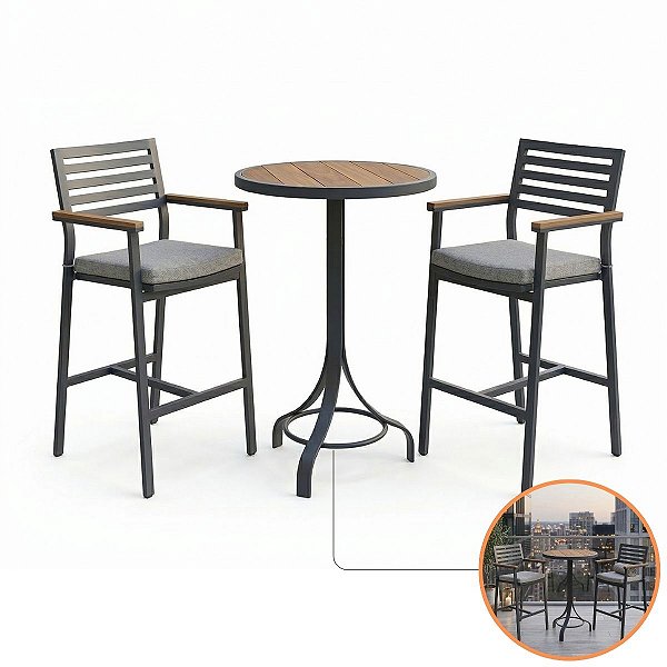 Conjunto Bistrô Gourmet Alumínio Ripado 2 Banquetas Estofadas E Madeira Premium