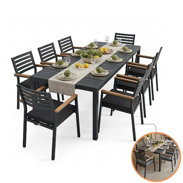 Kit Mesa Grande 8 Cadeiras Alumínio Antiferrugem Com Madeira Maciça Premium