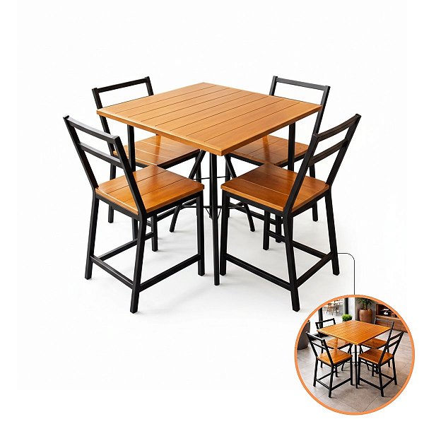 Conjunto Manhattan Mesa Jantar Industrial 70x70 4 Cadeiras Madeira