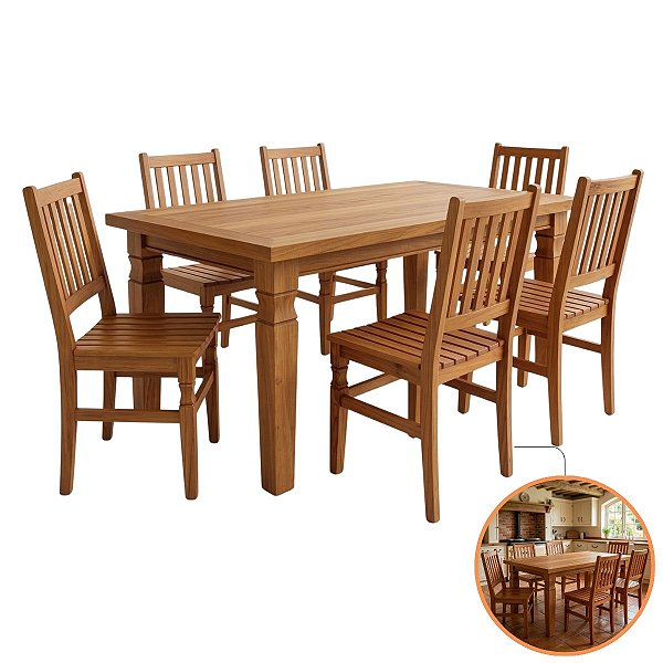 Jogo De Mesa Jantar 1,60m Madeira Maciça Peroba Rosa 6 Cadeiras Rústica