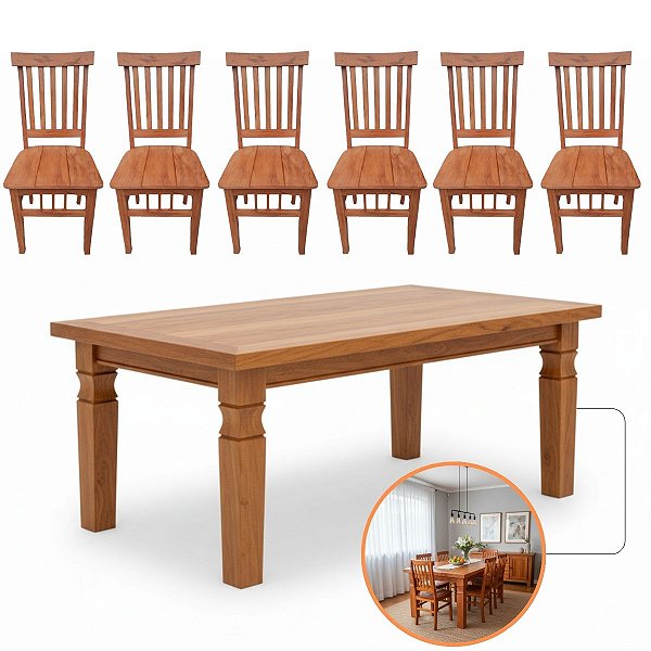 Jogo De Mesa Jantar 1,60m Madeira Maciça Peroba Rosa 6 Cadeiras Mineira Rústica