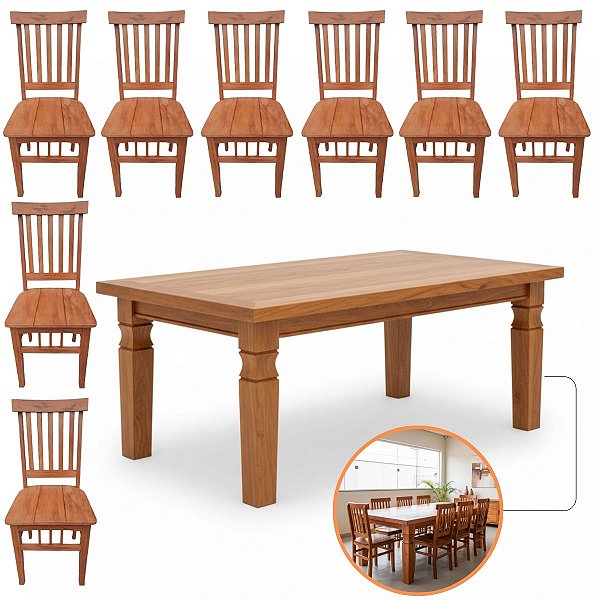 Jogo De Mesa Jantar 2,00m Madeira Maciça Peroba Rosa 8 Cadeiras Mineira Rústica