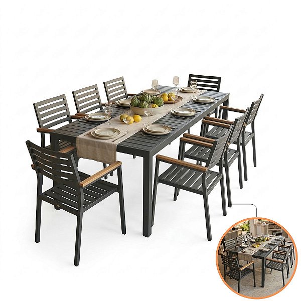 Conjunto Jantar Área Externa 8 Poltronas Alumínio Ripada Antiferrugem Premium