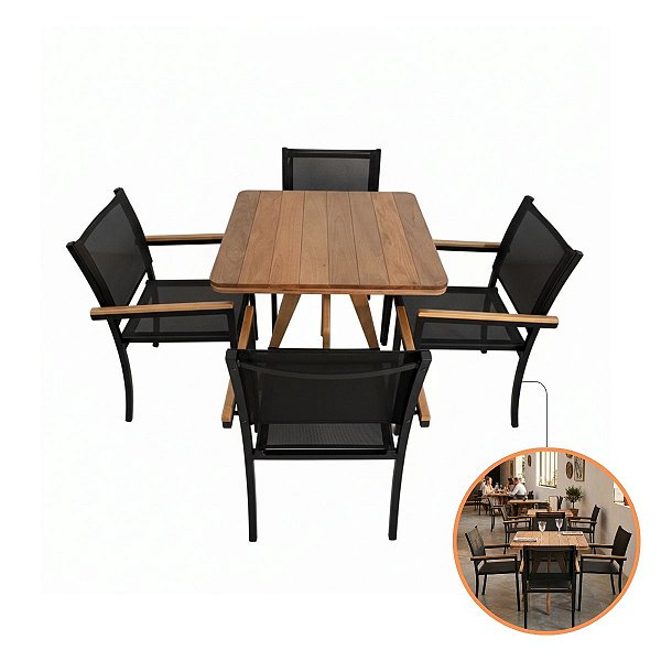 Jogo Mesa Madeira Maciça E 4 Cadeiras Empilháveis Alumínio Tela Sling