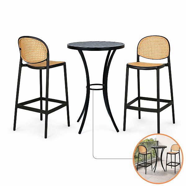 Conjunto Mesa Alta Alumínio Ripado E 2 Banquetas Polipropileno Palha