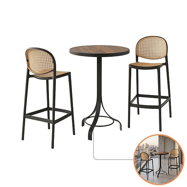 Conjunto Bistrô Luxo Sacada Alumínio Tampo Madeira E 2 Banquetas Palha