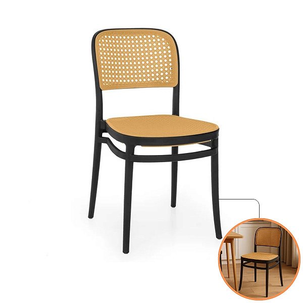 Cadeira De Jantar Roma Design Palha Natural E Polipropileno Preta