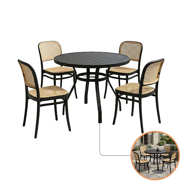 Jogo Mesa Alumínio 90cm E 4 Cadeiras Roma Design Palha Antiferrugem