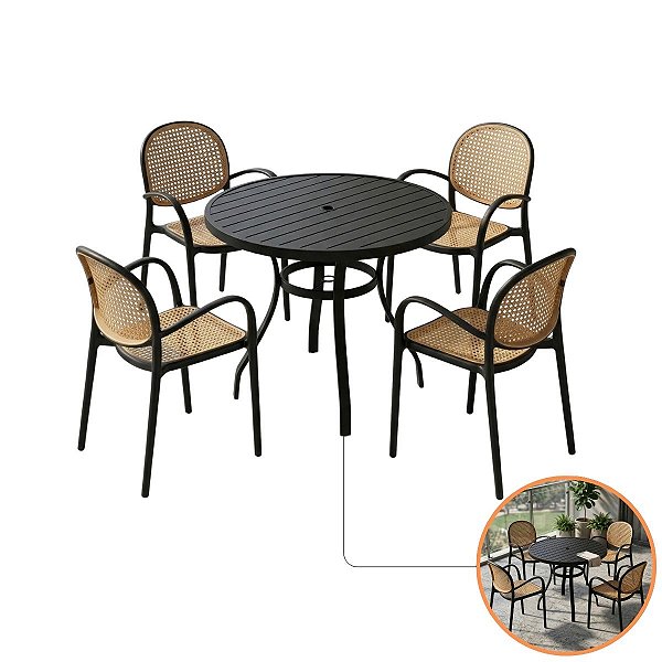 Jogo Mesa Alumínio 90cm E 4 Cadeiras Roma Com Braços Palha Antiferrugem