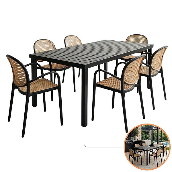 Jogo Mesa Alumínio 1,80x90 Retangular E 6 Cadeiras Roma Com Braços