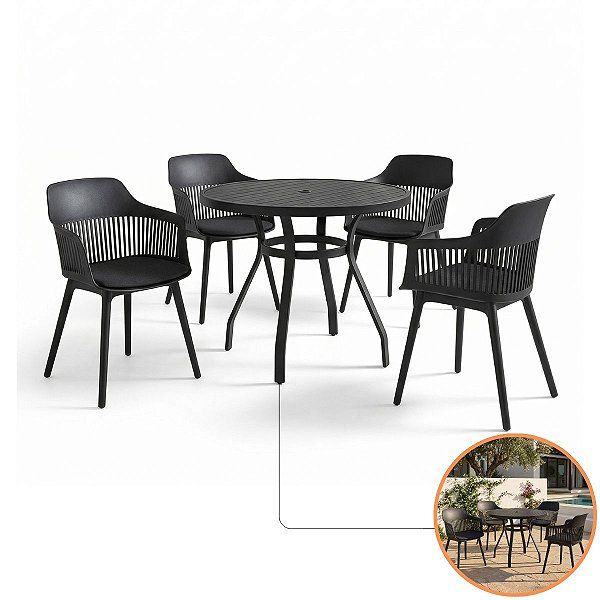 Mesa Alumínio 90cm E 4 Cadeiras Resistentes Estofadas Para Varanda