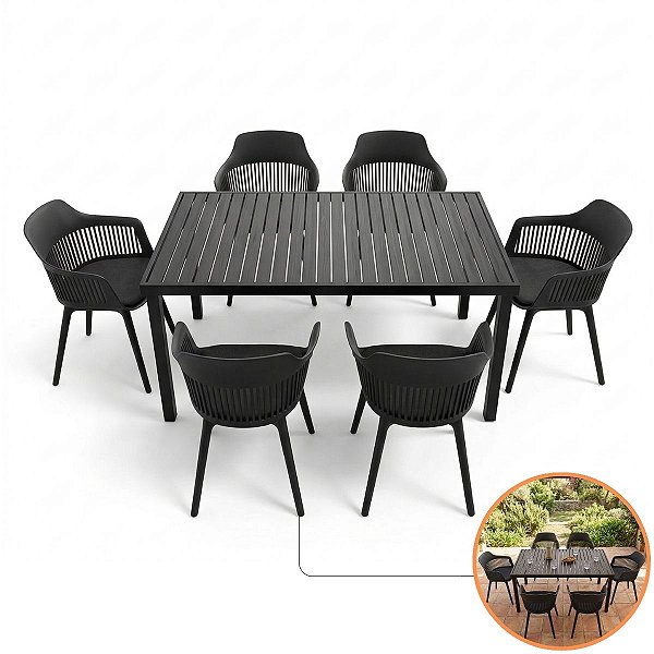 Jogo Mesa Retangular Alumínio 1,80x90 E 6 Cadeiras Marcela Com Braços