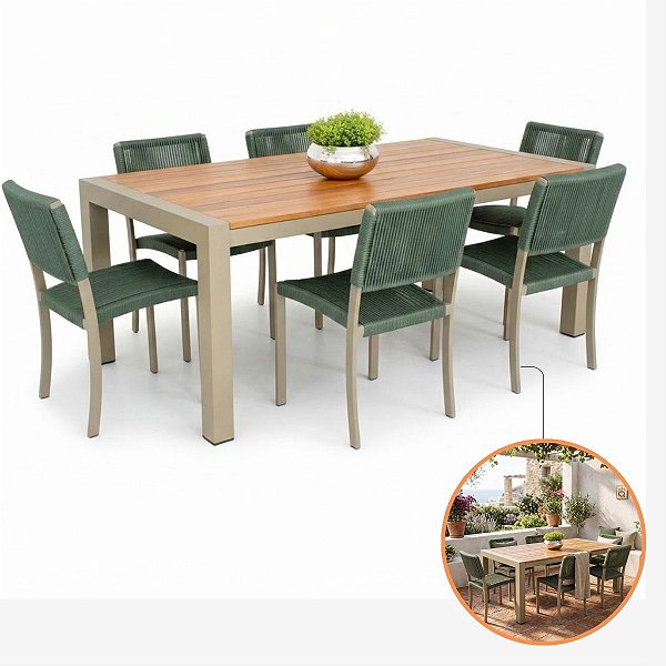 Conjunto Jantar Majestic 6 Cadeiras Corda Náutica E Mesa Alumínio Madeira Maciça