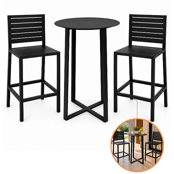 Kit com 2 Banquetas Americanas + 1 Mesa Bistrô de Alumínio com Tampo de Chapa