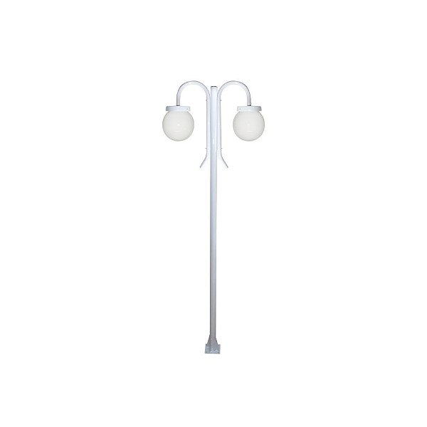 Luminária Globo Pequeno Duplo C/ Poste de Braço Curvo P/ Baixo Branco - 2 Metros