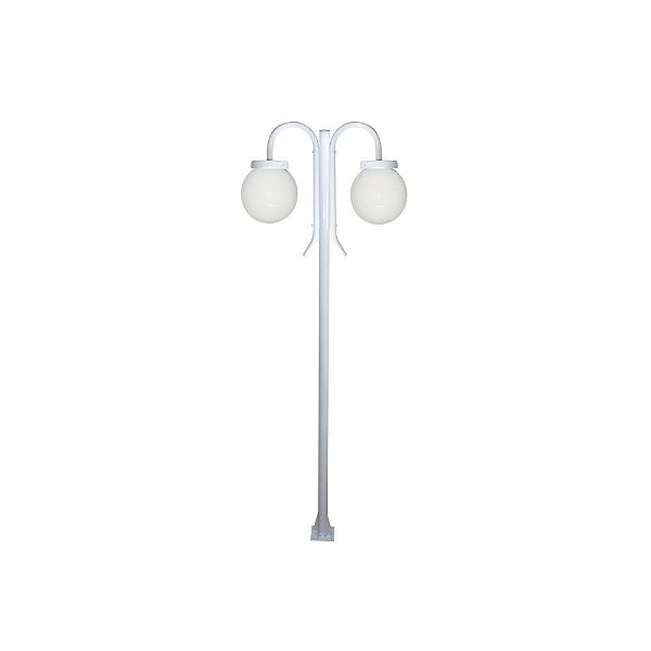 Luminária Globo Pequeno Duplo C/ Poste de Braço Curvo P/ Baixo Branco - 3 Metros