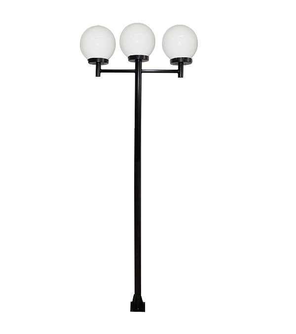 Luminária Globo Grande Triplo C/ Poste Braço Reto Preto - 2 Metros
