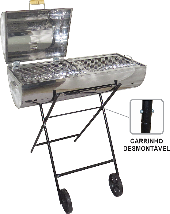 Churrasqueira Mega Grill Mista Com 2 Grelhas e Carrinho - Aço Inox
